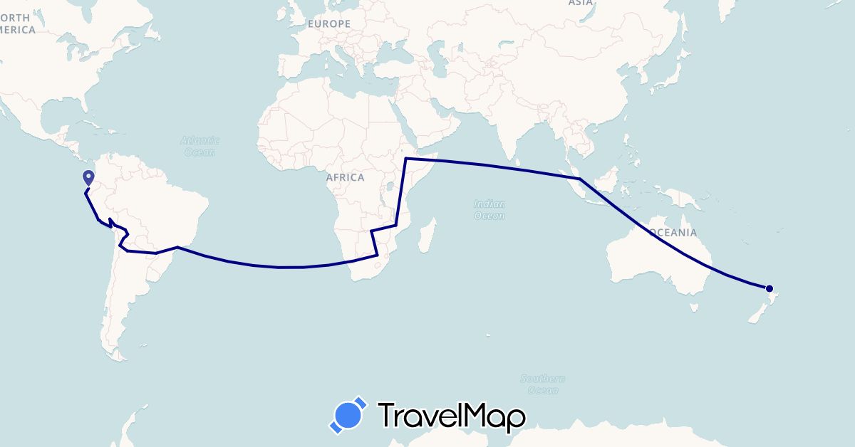 TravelMap itinerary: driving in Argentina, Bolivia, Brazil, Chile, Ecuador, Ethiopia, Malawi, New Zealand, Peru, Singapore, South Africa, Zambia (Africa, Asia, Oceania, South America)